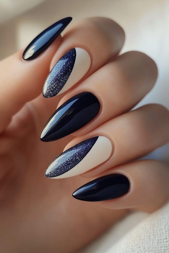 FWS Artificial fake Press On Nails Art Set (Set Of 20) Reusable Nails Extension,BridalNails,Stick-On Nails,Manicure Art Set, AcrylicNails,False Nails,DesignerNails | Nail Glue, Nail file, cuticle pusher, cleaning wipe | Glossy Dark Blue Glitter Shine Shape Long Stiletto-picture-47