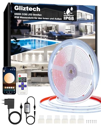 COB-ledstrip, 15 m, IP68 waterdicht, 24 V, 6500 K, zelfklevend, voor buiten met voeding, app en afstandsbediening, voor dakrand, tuin, zwembad, terras, keuken, badkamer