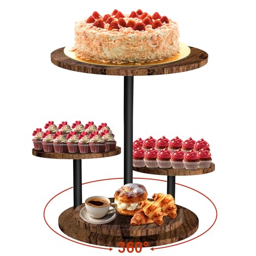 GHWMYD Cupcake Tiered Tray Stand, 360°Rotatable 4 Tier Cake Tower Stand for Dessert Donut Displaying and Holding, Rustic Wooden Serving Platter as Decor at Wedding, Birthday, Baby Shower, Tea Party