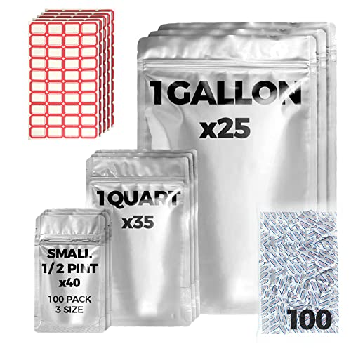 100 Mylar Bags For Food Storage - 10 mil 1 Gallon (25pc), 8 mil 1 Quart (35pc, 6 mil 1/2 Pint (40pc, Stand Up Resealable Mylar Bags With Oxygen Absorbers 300CC Packing Ziplock Sealable Milar Myler Bag