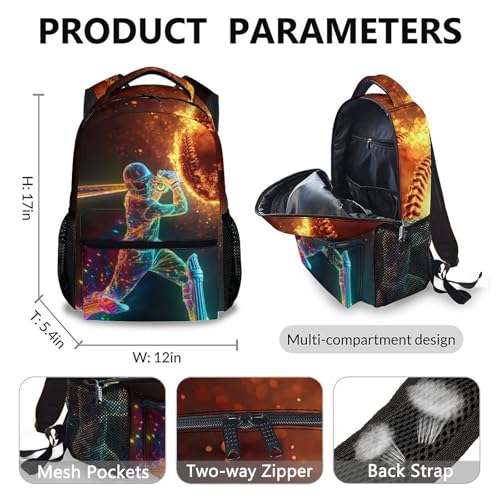 Kids Backpack, Cool Baseball Backpack, 17 Inch School Bag for Girls Boys, Student Bookbag for Travel Camping and School2