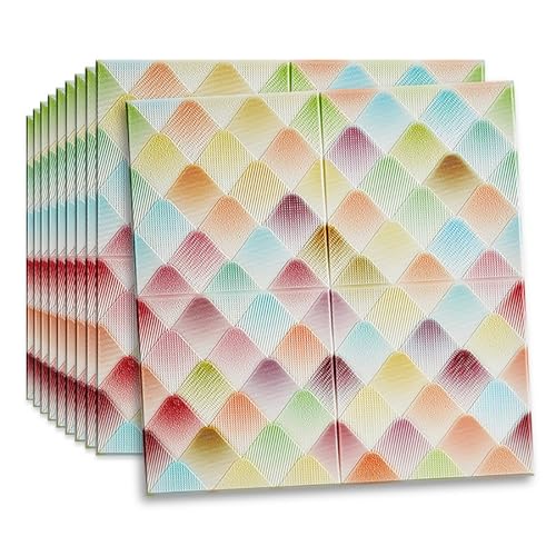 HAILM 3D Tapete Weichschaum, 70x70cm, Dicke 4,5 mm wasserdichte DIY Wand Panel, 3D Wandtattoo Dekorative Kunst, Bunte Gitter, 10 Stück/52,7 Sqft