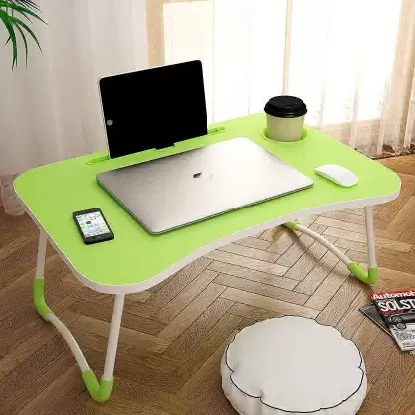 Image of YAJNAS Wooden Multipurpose Foldable Laptop Table with Cup & Tab Holder | Modern Green Study, Breakfast, Reading Table | 59x38x5 CM