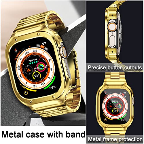 Image of Stainless Steel Band and Case Compatible with Apple Watch Band 49mm | Men Metal Protective Bumper Cover with Straps for iWatch 49mm Series Ultra 3, Ultra 2, Ultra, Gold