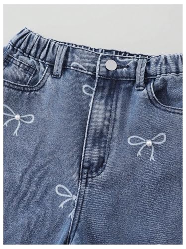 MakeMeChic Girl's Bow Knot Print Zipper Fly Straight Leg Loose Fit Jeans Denim Pants3