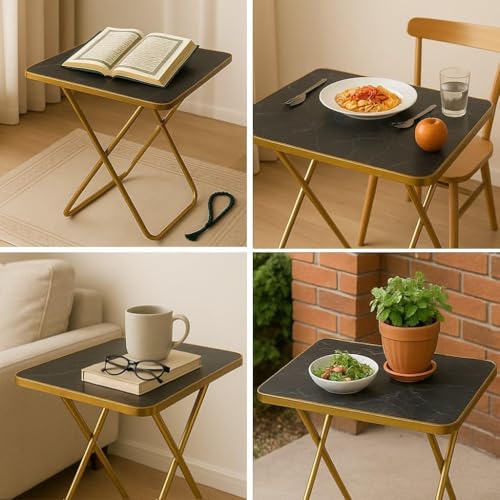 سكاي-تاتش طاولة قابلة للطي، 60 × 60 × 70 سم، سطح خشبي بمظهر رخامي، اطار معدني ذهبي، بدون تجميع، محمولة وموفرة للمساحة، مثالية لتناول الطعام والصلاة وجانب الكنبة وغرفة النوم والاماكن الخارجية