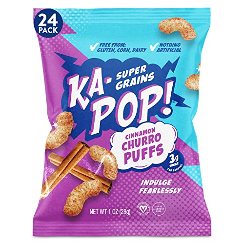 Ka-Pop! Popped Puffs - Cinnamon Churro, 1oz, Pack of 24 - Free from Gluten, Corn and Dairy - Kosher, Sorghum, Allergen Friendly, Paleo, Non-GMO, Vegan, Whole Grain Snacks - As Seen on Shark Tank