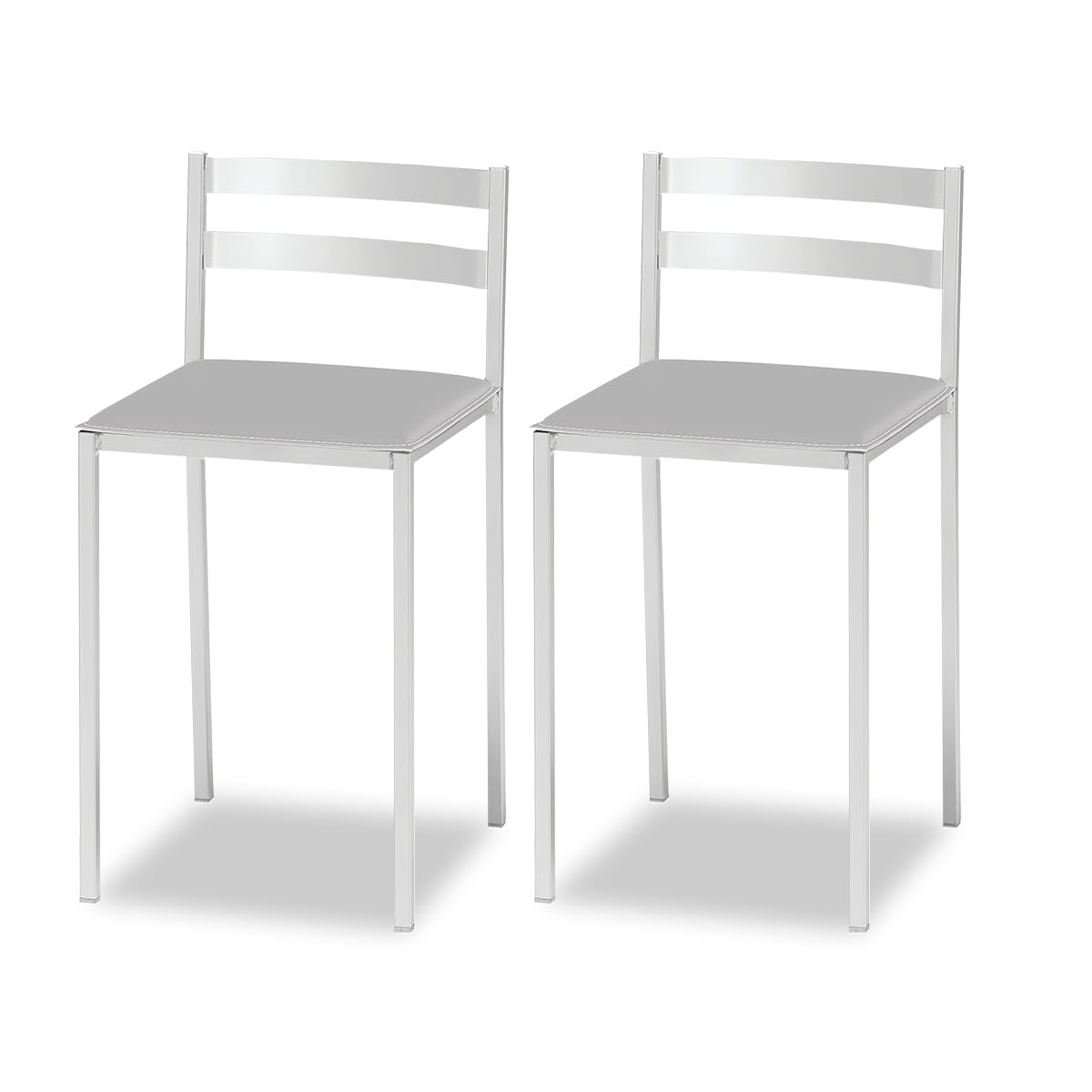 ASTIMESA 2 Kitchen Stools with Low Backrest, Horizontal Stripes and Upholstered Seat – White Structure – Grey Leatherette Seat