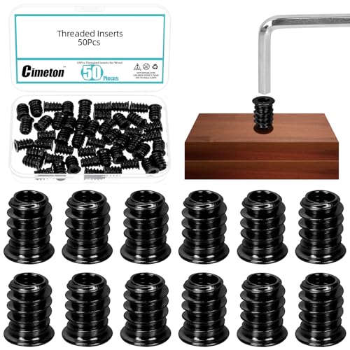 Cimeton 50PCS M6*15MM Hex Drive Threaded Inserts Screw-in Nut Carbon Steel Flanged Screw-in Hex Socket Drive Threaded Inserts Nuts for Wood Furniture(Black)
