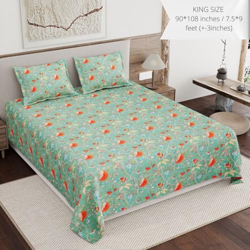Image of Living Roots Ethnic Jaipur Block Print Double Cotton Bedsheet & 2 Pillow Covers, for Mattress Upto 6 inches Thick, No Colour Bleeding, Green Colour, King Size 90 * 108 inches, 120TC (617-B)