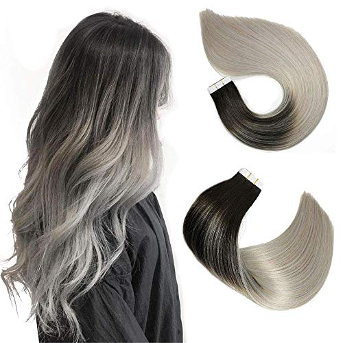 Tape In Hair Extensions Human Hair Balayage Ombre Hair 20pcs/50g Per Set Natural Black Fading to Silver Gray Double Sided Tape Skin Weft Remy Silk Straight Hair Glue in Extensions Human Hair 20 Inch