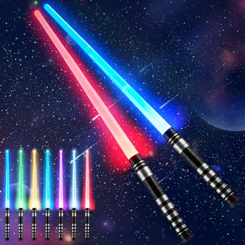2 Stück Laserschwert Kinder, 2 In 1 Lichtschwert Kinder mit Steckverbinder, RGB 7 Farben Einziehbares Lightsaber Licht und Schwerkraft-Sensorik Dynamische Soundeffekte, Halloween Lichtschwert Kinder