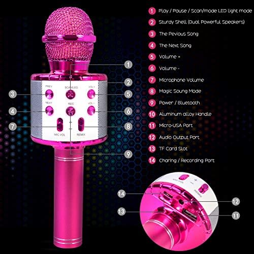 ShinePick Karaoke Wireless Microphone, 5 in 1 Recording & Singing Microphone for Kids Adults, Dancing LED Lights Portable Speaker Karaoke Machine, Bluetooth Microphone for Phone/Pad/TV (Purple)