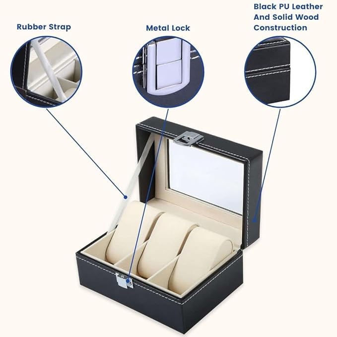 Image of Faux Leather Finish 3 Slot Cavity Wrist Watch Storage Box Display Case Organizer with Glass Window