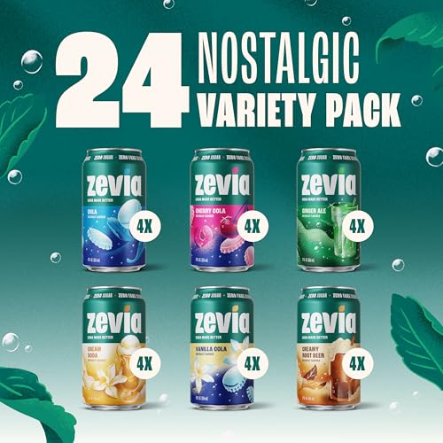 Image of Zevia Zero Sugar Soda, Nostalgic Variety Pack, 12 oz Cans (24-Pack) - Naturally Sweetened, Non-GMO Project Verified, Gluten-Free, Vegan