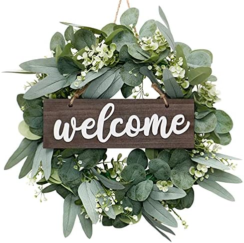Dremisland Wreath for Front Door 18″ Green Eucalyptus Wreath -Farmhouse Welcome Sign Festival Ornaments Home Decor | Ideal Spring & Summer Decorating for Home Front Door and Window Outdoor (Brown)