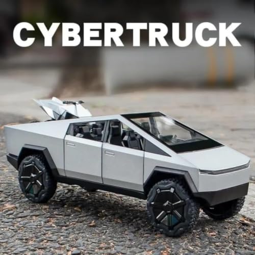 Image of DREAMY DEN Tesla Cybertruck 1:32 Die-Cast Metal Toy Car for Kids, Premium Alloy Pull Back Model with Openable Doors, Light & Music, Miniature Truck Gift for Boys, Colour as Per Stock