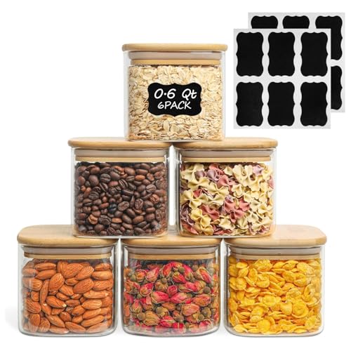 Image of ComSaf 0.6 Qt Glass Food Storage Jars Set of 6, Clear Storage Containers with Airtight Lids, Pantry Organization Jar, Spice Jar, Blooming Tea, Coffee and Sugar Container, Canister Set for Kitchen