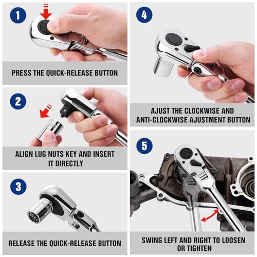Image of WORKPRO 1 /2 inch Drive Extra Long Flex Head Ratchet, 24 Inch Long CR-V Steel Ratchet Handle with Chromium Plating, CR-MO Head, Quick Release Reversible Design, 72-Tooth