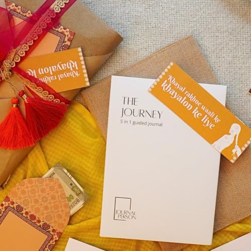 Image of Rakhi Gift Set for sisters- 5-in-1 Guided Journal Diary, Indian Lace Gift Packaging, Money Envelope & Personal Message Bookmark Card for sisters