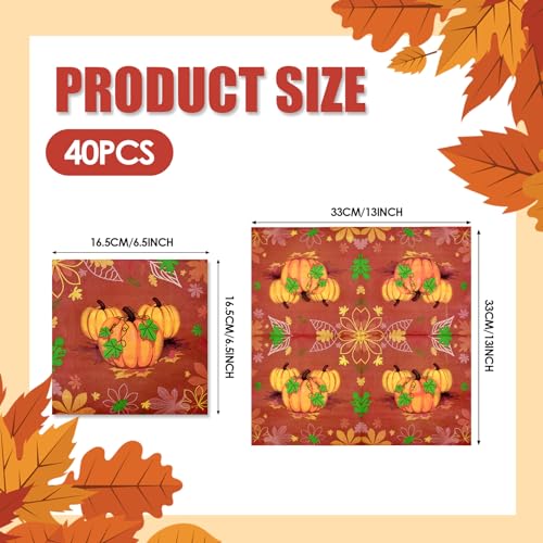 Image of 40 Pack Thanksgiving Day Paper Napkins - 13 x 13 Inches Disposable Pumpkin Serviettes Tableware Luncheon Cocktail Napkin Party Supplies for Autumn Fall-themed Harvest Feast Decorations