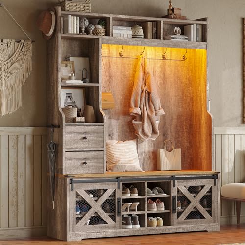 AMERLIFE 7-in-1 Farmhouse Hall Tree with Bench and Shoe Cabinet,