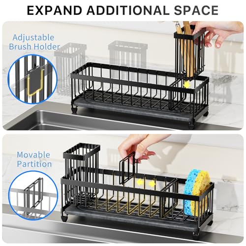 Image of Cisily 10.62'' Sponge Holder for Kitchen Sink, Sink Caddy Organizer with High Brush Holder, Kitchen Countertop Organizers and Storage Essentials, Rustproof 304 Stainless Steel (Black with Stone Tray