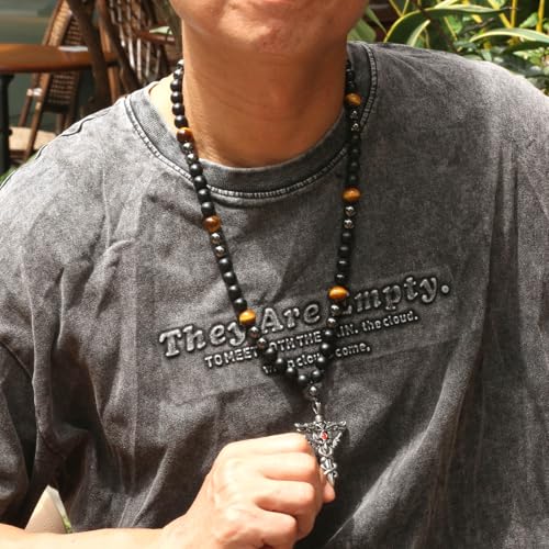 Triple Protection Healing Crystal Beads Necklace, Black Obsidian Tiger Eye and Hematite Beads Jewelry Christmas Gifts for Him2