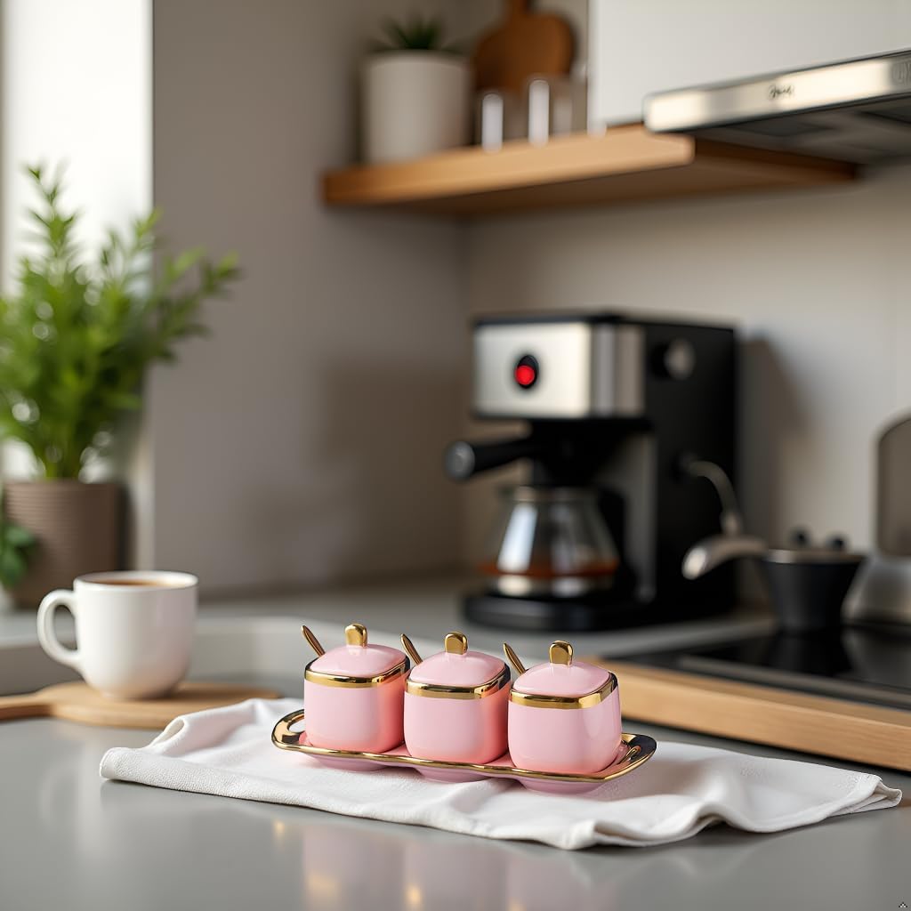 Pink Sugar Bowl with Lid and Spoon,Ceramic Condiment Jars Spice Container with Tray,Sugar and Salt Bowls,Gold Condiment Containers Pots Seasoning Box Set of 3 for Kitchen Coffee Bar image 3
