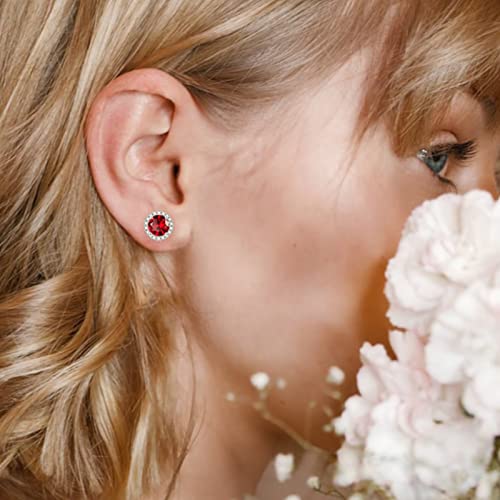 January Birthstone Stud Earrings For Women, Genuine Garnet Stud Earrings 18K White Gold Plated S925 Sterling Silver Halo Round Red Birthstone Earrings January Birthstone Stud Earrings For Women Wife Gifts #TOP1