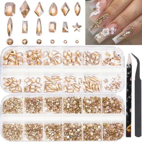 DZHILHMX Nail Rhinestones - 3D Multi Shape Size, Champagne Gold Nail Gems, Flat Back, with Kit, for Nail Art
