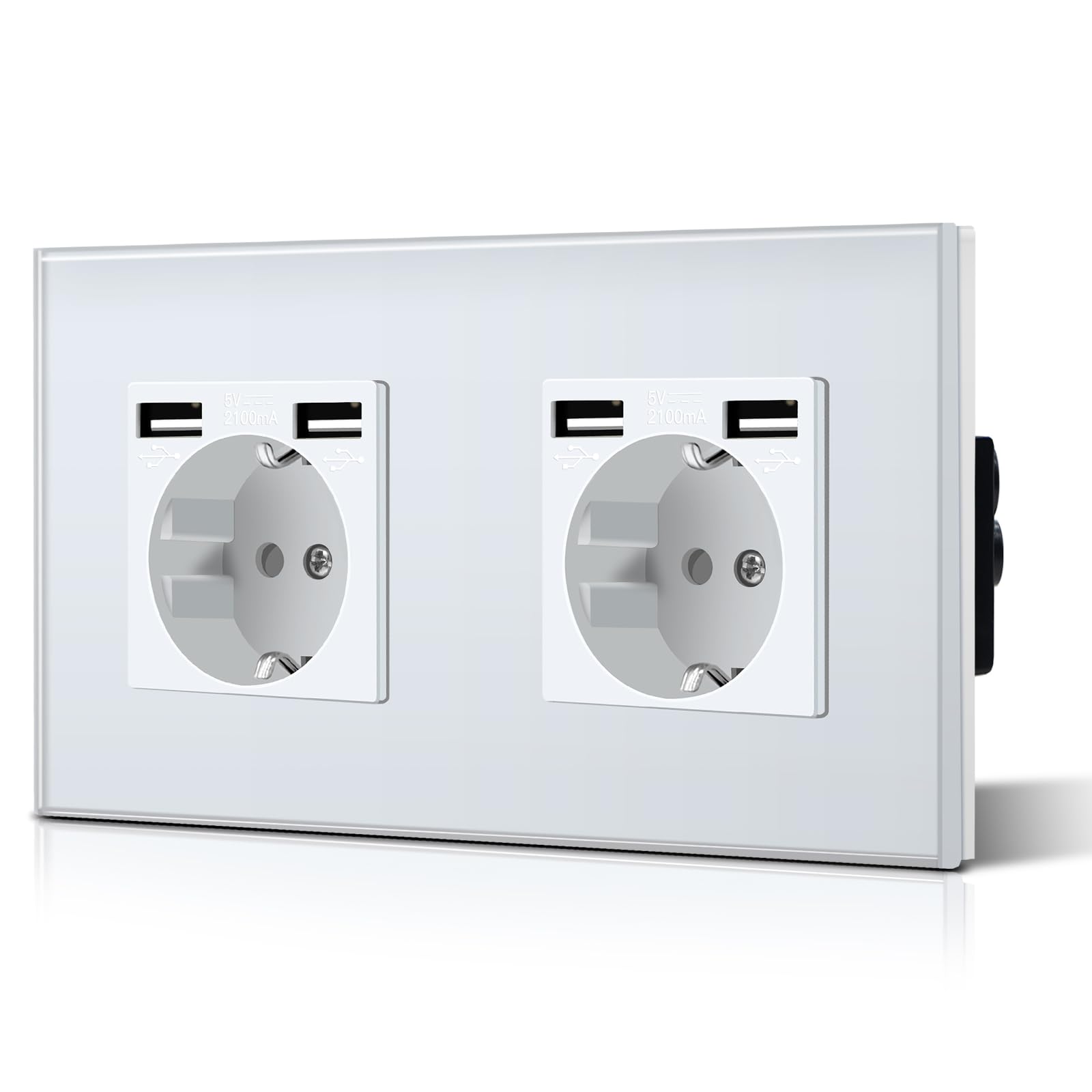 BSEED Doppelt Schuko Steckdose Glas 3 in 1 Unterputz mit 1/4 USB Ladeleistung Adapter Aufladestation Verlängerungssteckdosen WandSteckdose 16 Amp Einfache Installation 157mm Weiß
