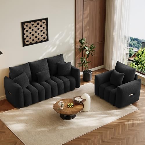 Image of OUYESSIR 2 Pieces Boucle Sofa for Living Room, Modern Deep Seat Sofa Chair & 3-Seater Couch, Oversized Cloud Sofa Couch Set, Comfy Upholstered Teddy Living Room Furniture, Black