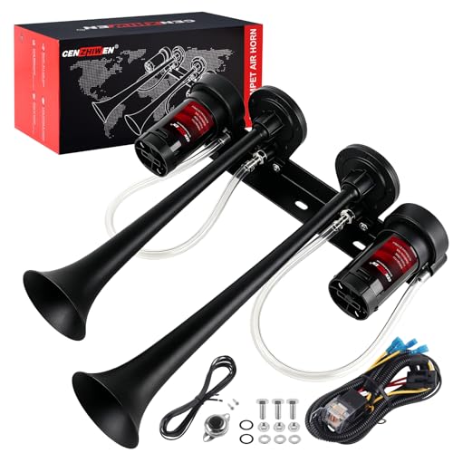 Image of Dual 2-Trumpet Metal Air Horn for truck Kit with 2 air Compressors,12V 150dB Ultra Loud impact train car horn moto horn is suitable for pickup /SUV /Boat (Two-tube integrated with button)