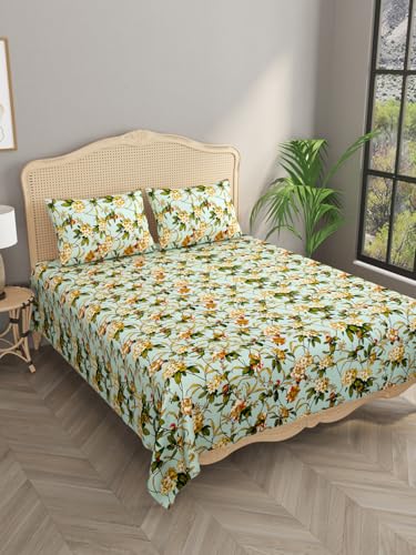 Image of Cotton Bedsheet, Printed Bedsheet for Double Bed with 2 Pillow Covers, Eco-Friendly Bedsheet for Bedroom, Guestroom & Living Room, Size - 108 * 108 (Green & Cream)