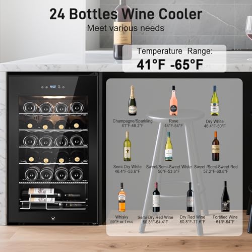 Image of Tylza 24 Bottles Wine Fridge, Wine Cellar with Powerful Compressor, LED Touchscreen, Low-E Tempered Glass Door, Lock, Wine Cooler Refrigerator for Red, White, Champagne or Sparkling Wine, Black