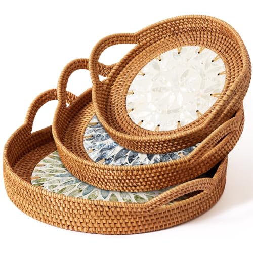 Double Gift Set of 3 Handwoven Rattan Trays with Natural Shell Inlay, Boho Decorative Wicker Serving & Coffee Table Trays with Handles for Home Decor, Candles, Snacks & Holiday Entertaining