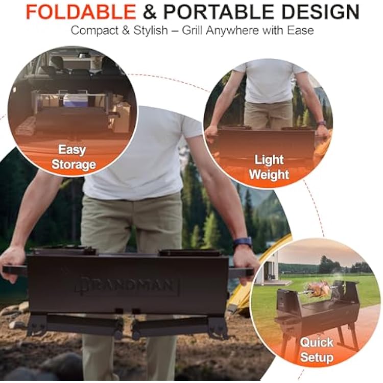 BRANDMAN GRILLS SINCE 1987 Rotisserie Grill Charcoal BBQ Grill 2-in-1 Portable Foldable Outdoor Grill 257 sq.in. Charcoal Spit Rotisserie Grill for Whole Chicken Steaks Burger Camping Picnic Gathering