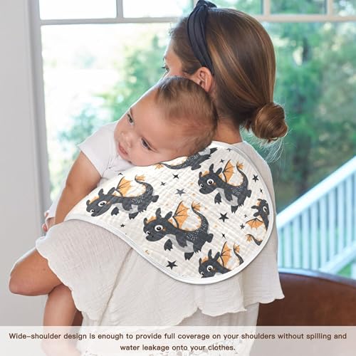 Image of Muslin Baby Burp Cloths Set of 2, Soft Absorbent Cartoon Black Dragon and Stars Muslin Washcloths, Bibs, Face Towel for Newborn Boys Girls, 22 x 11 Inch