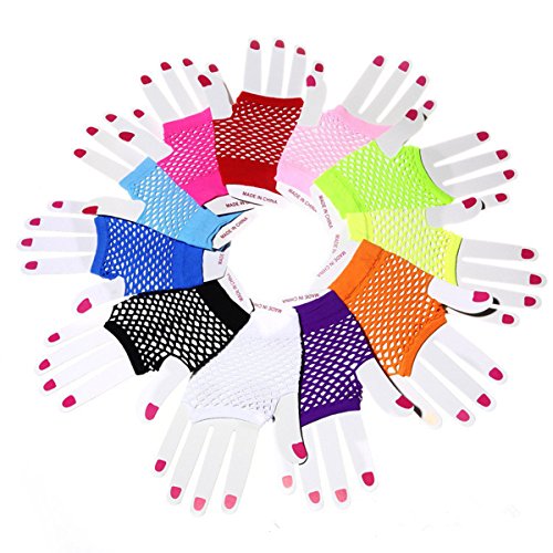 Comfysail 12PCS Adults Short Fishnet Fingerless Net Gloves 80s Rave Fancy Dress
