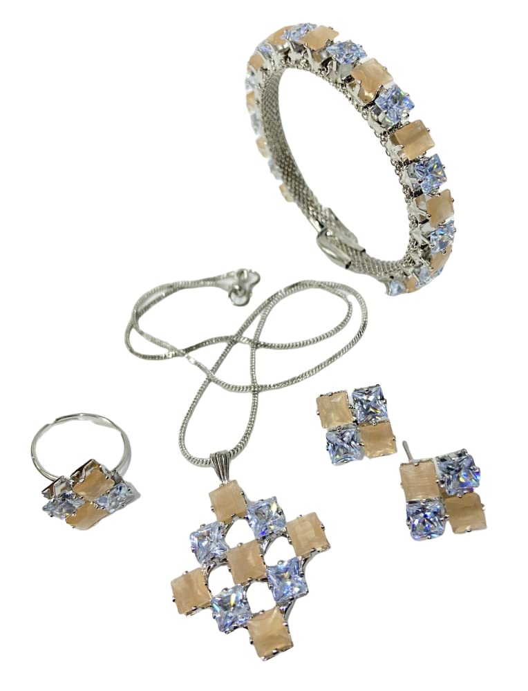 Elegant Jewellery Set | Bangle, Pendant, Earrings & Ring for Women & Girls | Micro Gold Plated | AD CZ Diamond Studded | Traditional, Modern, Wedding & Festival Wear Jewellery (S Peach & White)