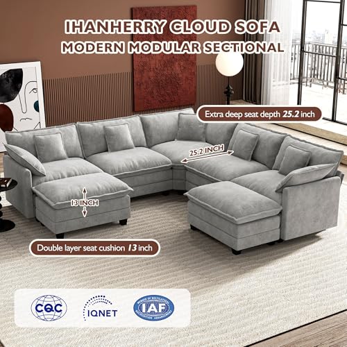 Image of Ihanherry 114 inch V-Shaped Modern Sofa Modular Sectional Cloud Couch with 2 Ottoman, 7-Seat Chenille Deep Seat Sofa with Corner Section for Living Room, Bedroom and Apartment, Grey