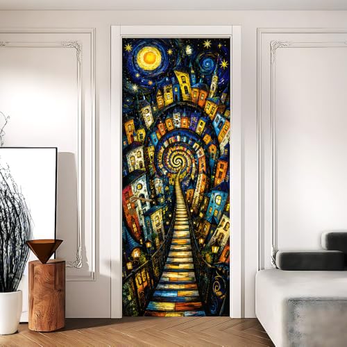 Image of Starry Town Door Sticker, Peel & Stick Door Cover, 30.3x78.7in