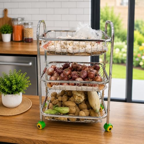 Image of Stainless Steel Fruit & Vegetable Trolley for kichen Fruit Basket Vegetable Basket Onion Potato Rack for Kitchen Stand for Kitchen (03 Layer Trolley)