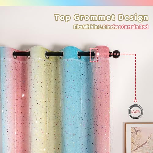 Image of Mix & Match Double Layer Laser-Cut Stars Gradient Blackout Curtains with Foil Print Sheer, 2 Panels Set for Bedroom, Nursery, Living Room - Yellow Blue Pink, 52W x 95L