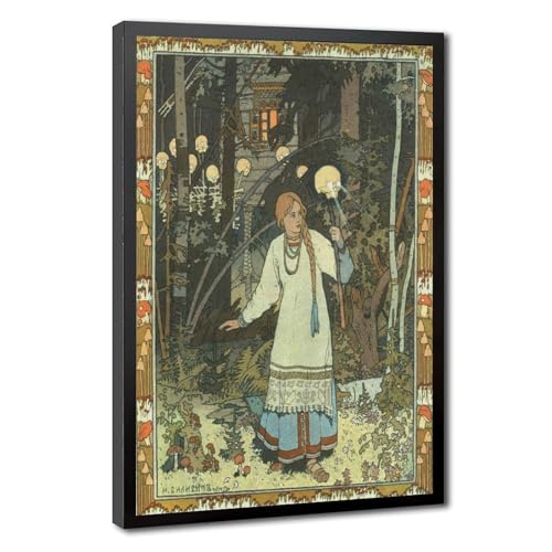 Décoration murale Vasilisa à la cabane de Baba Yaga poster toile Bilibin avec cadre suspendu