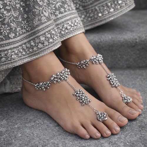 Image of Beaded Anklet Chain with Toe Ring, Barefoot Sandal Jewelry, Adjustable Hook Closure