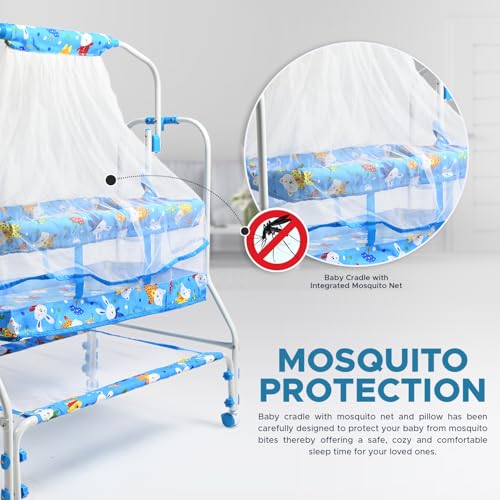 Image of BUBBLEBABY Baby Cradle | Jhula | Baggi | Palna | Ghodiyu | Ventilated | with Swing & Mosquito Net | 0-12 Months | Four Wheels with Brake | Storage | Polypropylene | Safe & Sturdy | Foldable | Blue
