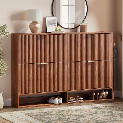 Image of Evermagin 47.2''W Walnut Shoe Cabinet Storage for Entryway, Fluted Slim Shoe Dresser with 4 Flip Drawers, Narrow Shoe Rack Cabinet, Hidden Shoe Organizer Cabinet for Entrance, Hallway