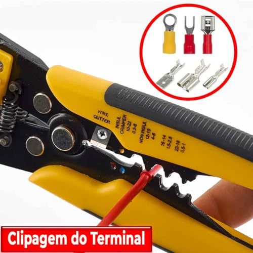 Alicate de Eletricista Desencapador Corte Crimpador de Fios Cabos Ajustável (Amarelo)